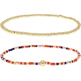 Tyebiva Rainbow Beads Stack Bracelets for Women, Handmade Gold Beaded Stretch Bracelet Everyday Fashion Jewelry Gift.