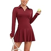 ECUPPER Women Long Sleeve Tennis Dress Polo Collared Workout Dress V Neck Athletic Golf Dresses with Shorts for Active Sports