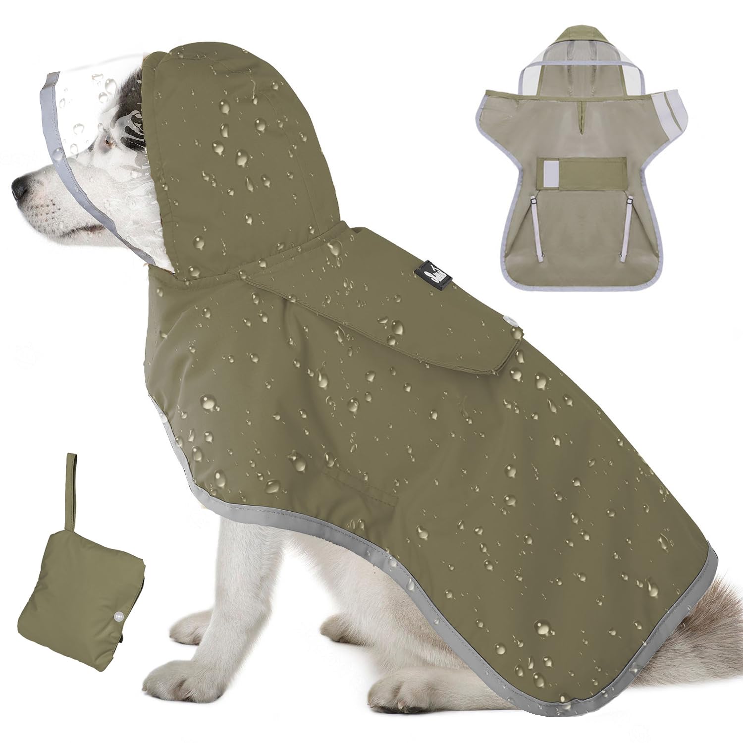 Photo 1 of Lukovee Dog Raincoat - Lightweight Hooded Dog Rain Coat for Large Medium Small Dogs, Adjustable Poncho Jacket with Reflective Stripes & Built-in Storage Pocket (Green, Medium)