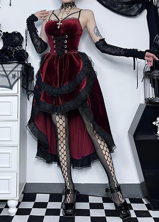 TSMNZMU Womens Gothic Velvet Corset Dress - Vintage Fairy Lolita Punk Grunge Long Goth Emo Alt Halter Dress