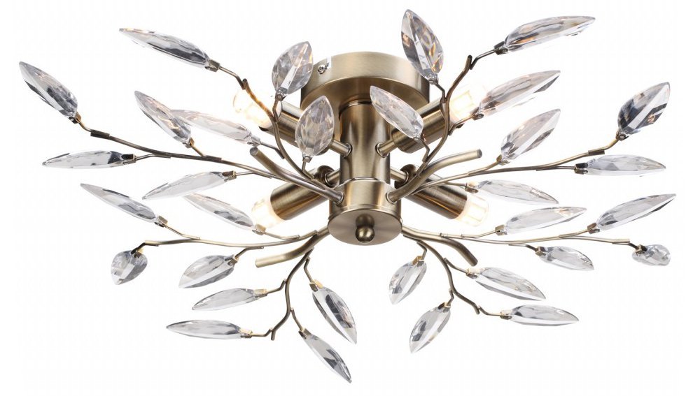 Modern Birch 4 Light Semi Flush Antique Brass Ceiling Light with Clear Leaves by Happy Homewares