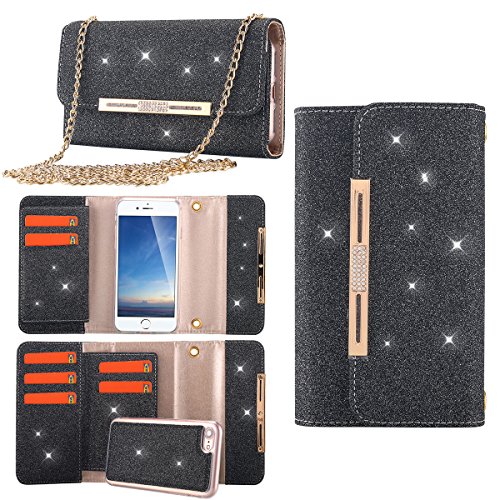 iPhone 7 Case, LONTECT Bling Glitter PU Leather 7 Card Slots Wallet Case Handbag with Detachable Magnetic Back Case & Metal Chain for Apple iPhone 7 - Black