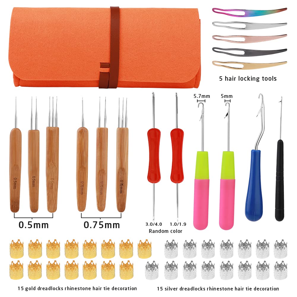 Dreadlock Crochet Hook, 48 Pcs Dreadlock Crochet Hook Tool, 6 Dreadlock Crochet Needle, Different Size Bent Latch Hook, Crochet Needle for Hair Braiding with Case and Dreadlocks Tool