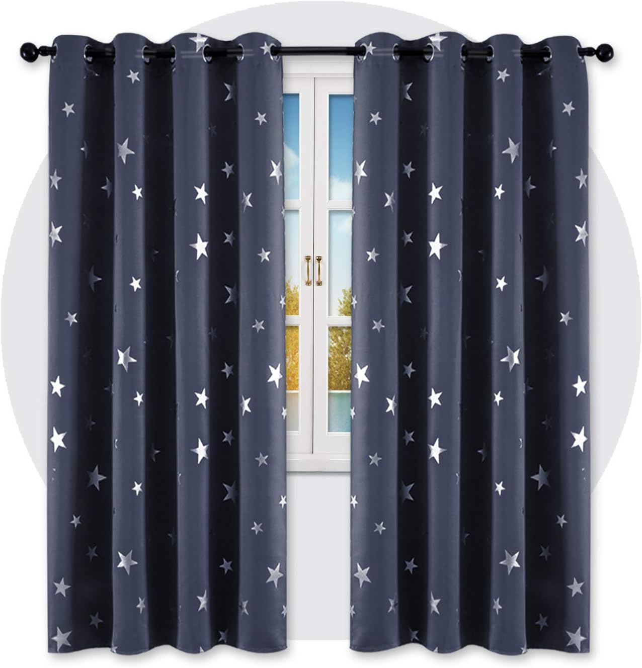PANOVOUS Eyelet Blackout Curtains Kids Super Soft Thermal Curtain with Sliver Star Foil Printed Nursery Curtains For Bedroom 2 Panels 46 x 72 Inch Navy