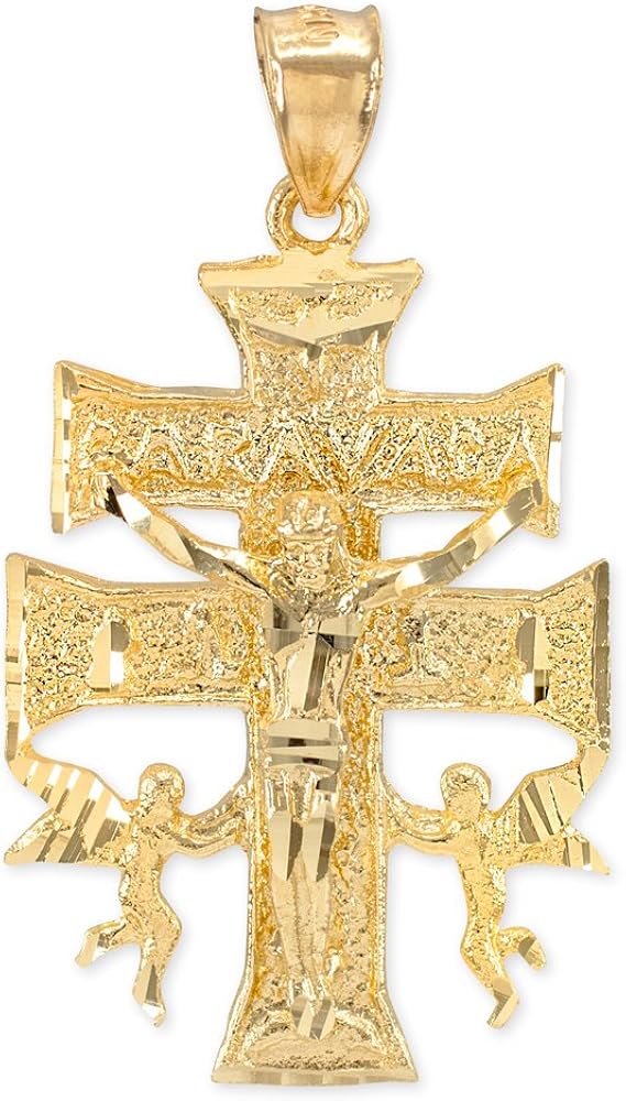 Religious Jewelry by FDJ 14k Yellow Gold Caravaca Double Cross with Angels Crucifix