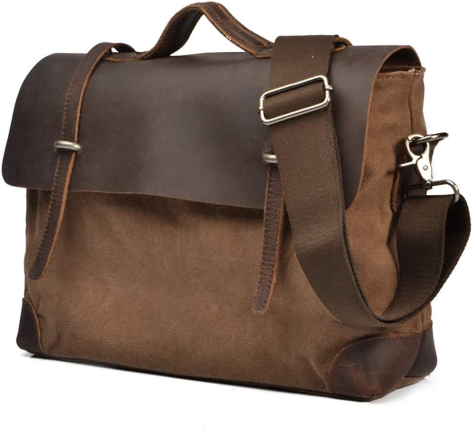 Messenger Satchel Bag for Men and Women Vintage Canvas Real Leather 15" MacBook pro/14” Laptop Briefcase Shoulder Bag for Business Work School College Everyday Use