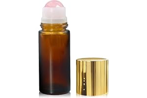 Warmify Rose Quartz Roller Bottles for Essential Oils, 50ml Refillable Amber Glass Roll On Bottles with Natural Crystal Rolle