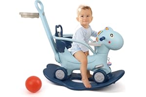 Ancaixin 4 in 1 Rocking Horse Ages 1-3, Baby Rocking Toy Birthday Gift for Toddlers 1-3 Years Old, Balance Bike Ride On Toys with Push Handle, Backrest and Balance Board for Baby Girl and Boy, Blue