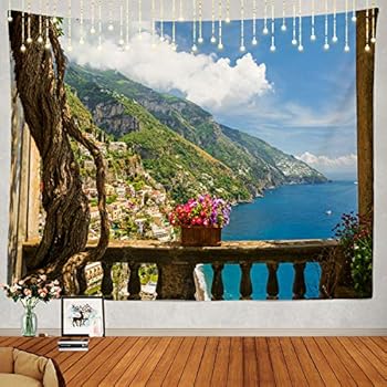 Shrahala Beautiful Tapestry, Positano Amalfi Coast Italy Wall Hanging Large Tapestry Psychedelic Tapestry Decorations Bedroom Living Room Dorm(51.2 x 59.1 Inches, Blue 2)