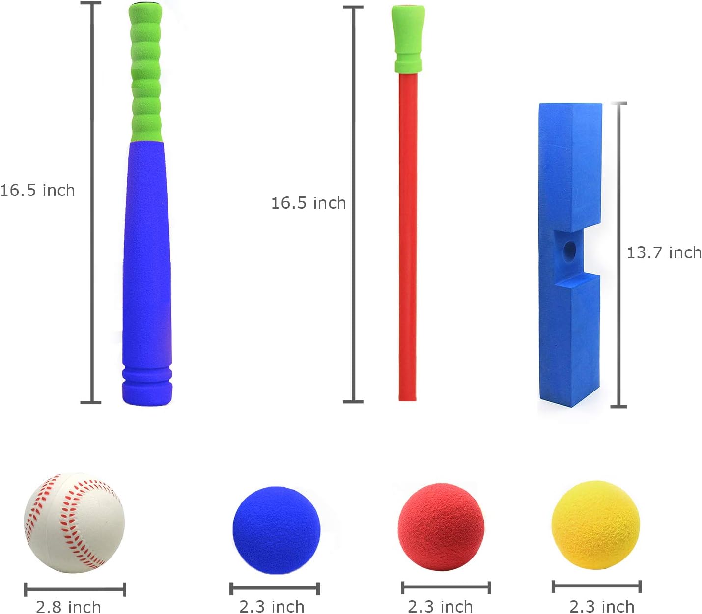 CeleMoon 16.5 inch Kids Foam T Ball Baseball Set Toy for Toddlers, 8 Different Colored Balls Included + Carry/Organize Bag, for Kids 1 2 3 Years (T Ball): Toys & Games