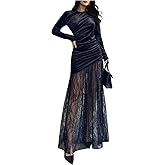 SweatyRocks Women's Velvet Lace Patchwork Ruched Maxi Dress Elegant Long Sleeve Ruffle Hem Long Party Dresses