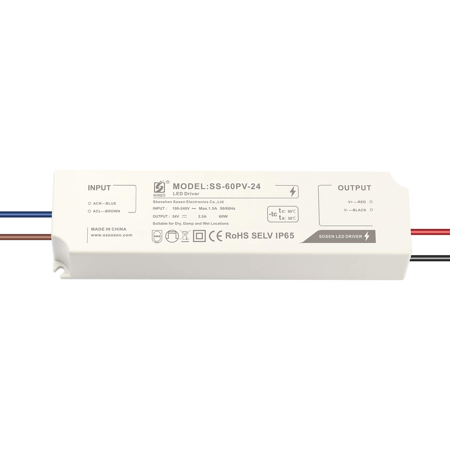 LIGHTEU®, Sosen Transformer LED Power Supply - 60W, 24V DC, 2.5A - IP65 Constant Voltage for LED Strip Lights and G4, MR11, MR16 LED Light Bulbs