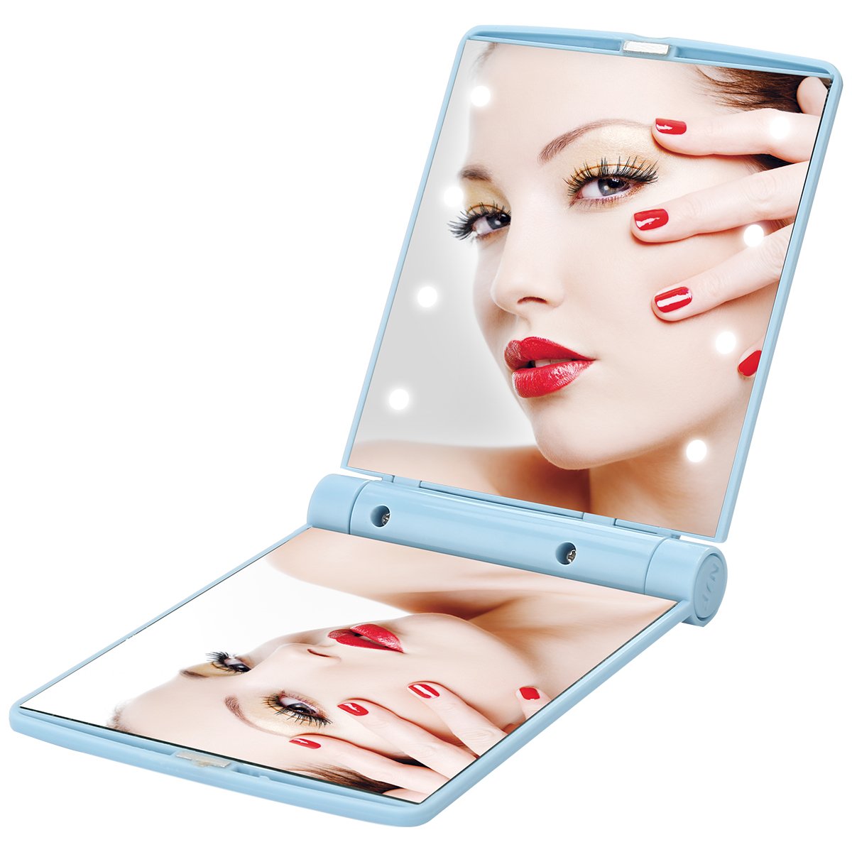 Lighted Folding Tavel Mirror Compact Led Mirrors Handheld Makeup Mini Portable Cosmetic Pocket Small Purse Size Bright Light Up In Dark Focus Illuminated For Girls (Blue)