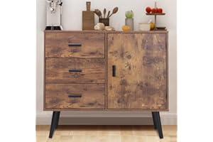 Iwell Storage Cabinet with 3 Drawers & Adjustable Shelf, Mid Century Cabinet with Door, Accent Cabinet for Living Room, Home Office, Entryway, Rustic Brown