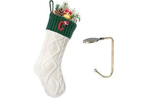 VRFASHION Christmas Stockings with Initials, Letter C Embroidered Xmas Stocking, 18" Large Monogram Knitted Xmas Stocking, Christmas Party Fireplace Family Hanging Stocking Decoration 1Pcs White-Green
