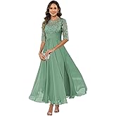 Qbnme Tea Length Mother of The Bride Dresses for Women Lace Chiffon Half Sleeve Formal Wedding Guest Dress