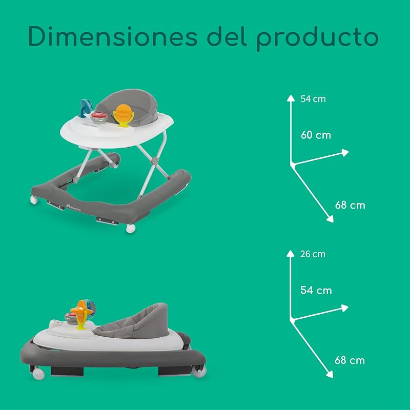 Explorer, Andador bebé, Primeros pasos, 3 alturas regulables, Centro de actividades con 12 melodías, Asiento acolchado, Base antivuelco, Para niños 6 meses – 12 kg, Grey Mist