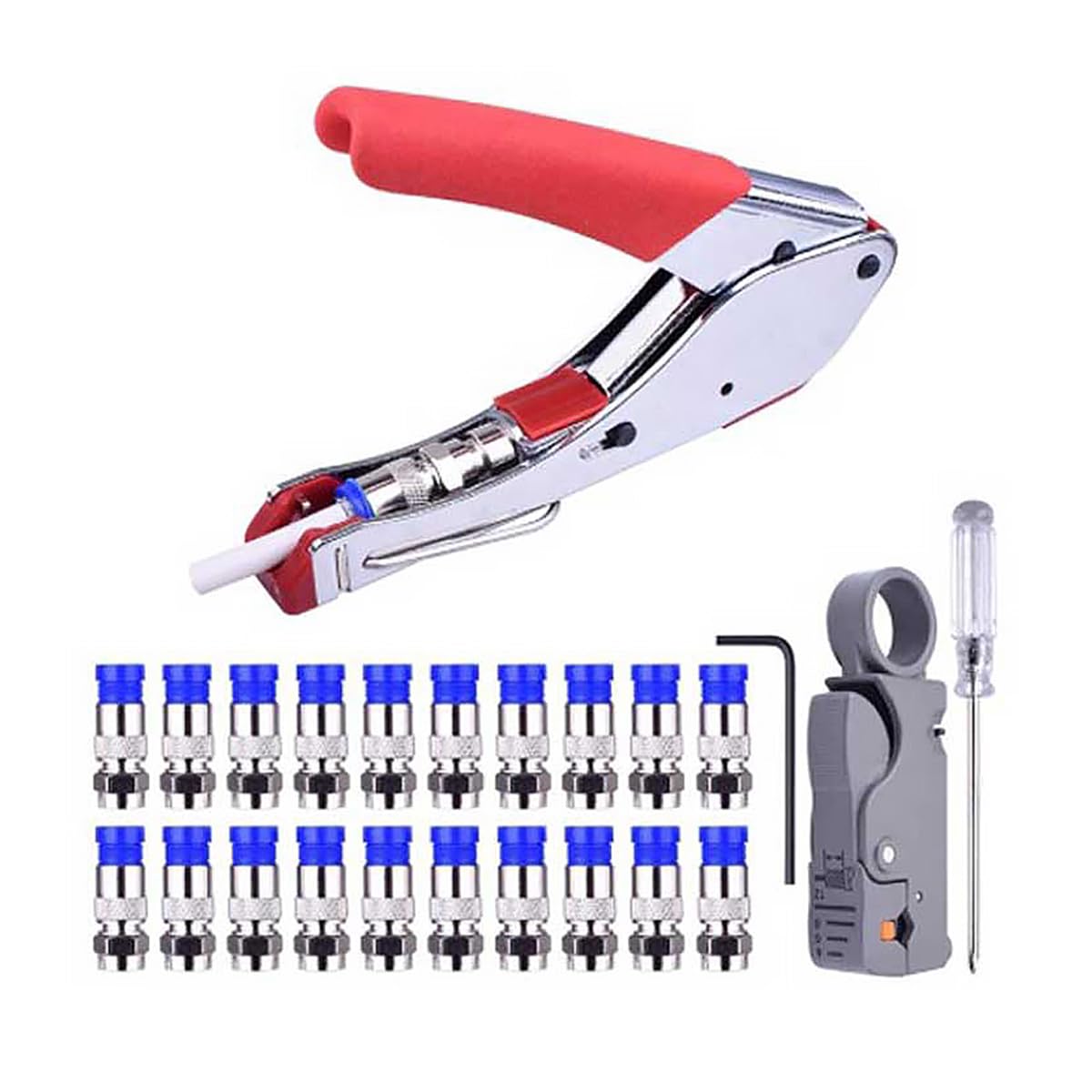 POFET Coax Cable Crimper Kit Coaxial Wire Stripping Plier Tool Set with 20PCS F Compression Connector for Coaxial Cable RG6 and RG59