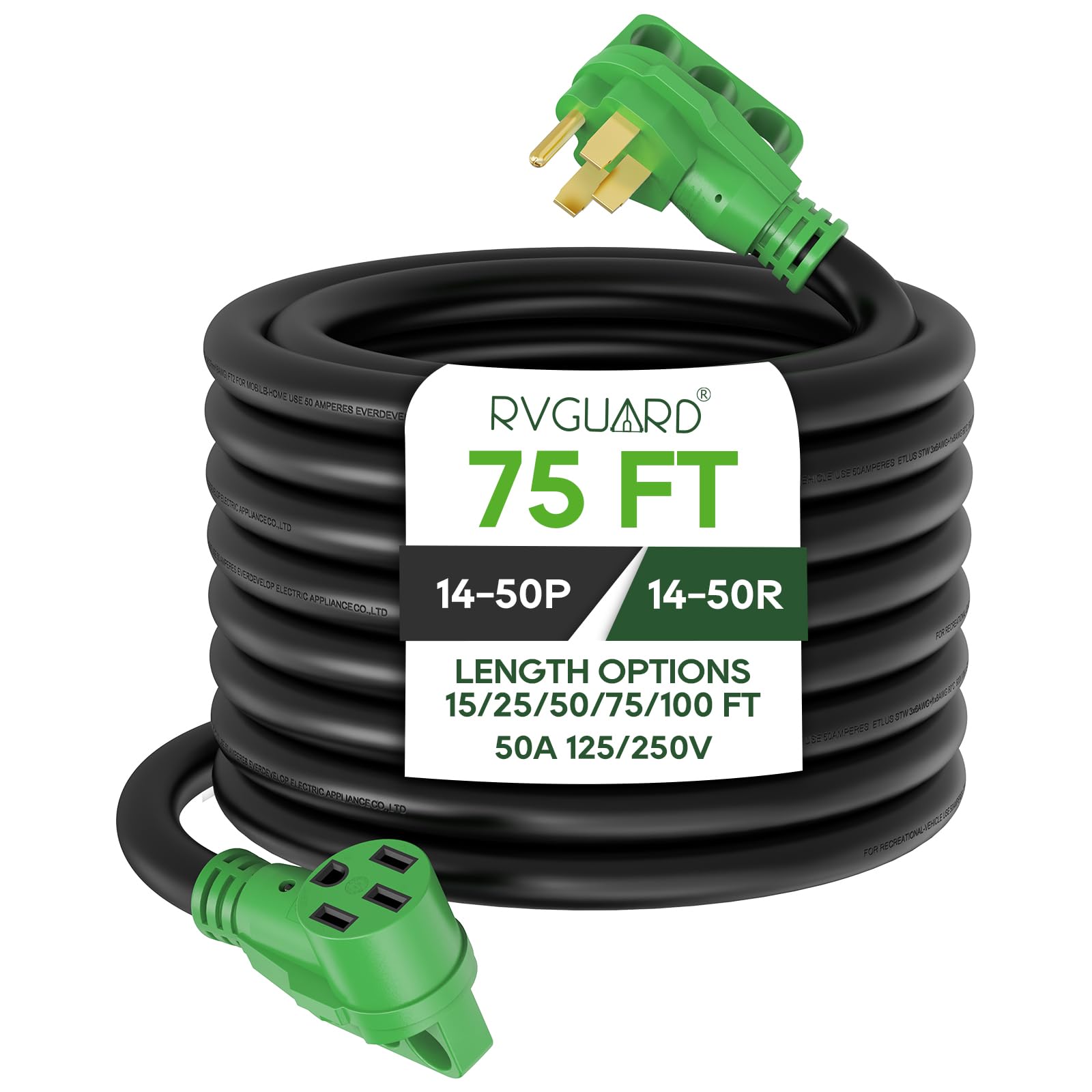 Photo 1 of RVGUARD 50 Amp 75 Foot RV/EV Extension Cord, NEMA 14-50P/R Heavy Duty Extension Cord with LED Power Indicator and Cord Organizer, Green, ETL Listed