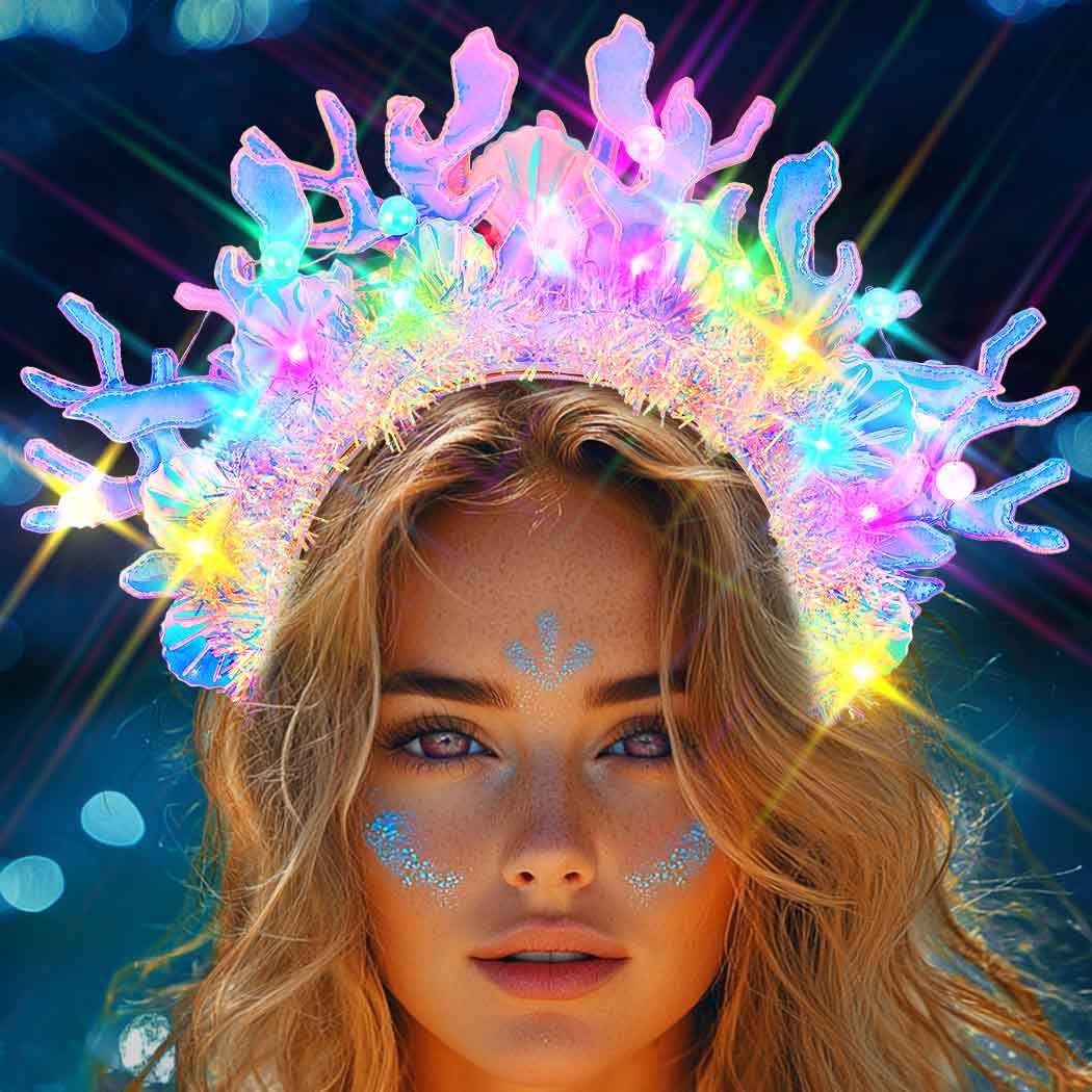 Evlry LED Mermaid Crown Headband Light Up Shell Coral Headpiece Mermaid Costume Hair Accessories for Women