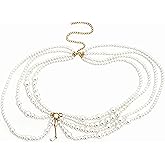 Pearl Waist Chain Belt,Multi Layered Long Metal Big Pearl Layered Gold Belly Chains Adjustable White Pearl Tassel Hip Belly Body Chain Belts Sweater Dress Pearl Belt for Women