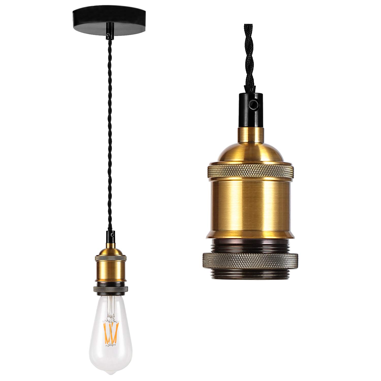 Bronze Gold Pendant Ceiling Rose with Twisted Braided Flex & E27 Lamp Holder - Suspended Pendant Light Fitting Kit
