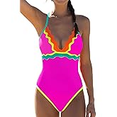 popvil One Piece Swimsuits Women 2026 Tummy Control - Neon Colorful Bathing Suit Slimming V Neck Swim Suit