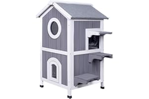 GEGURI Outdoor Cat House Weatherproof, Wooden Two-Story Feral Cat Shelter with Openable Roof, Escape Door, Balcony