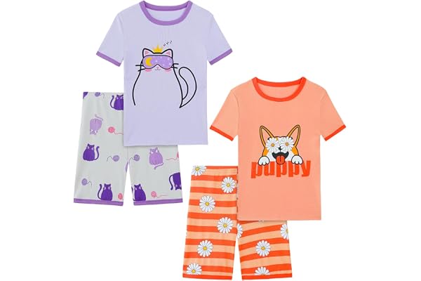 Vopawetty Girls Pajama Set, 4-Piece Cotton Pajamas Short PJs Kids Sleepwear