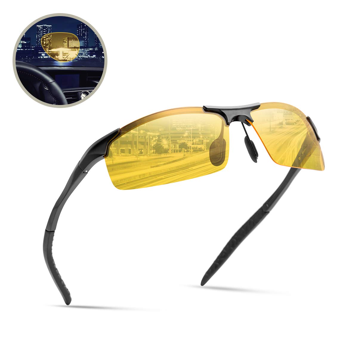 Surenue night driving glasses anti glare sport polarized Yellow Tint Polycarbonate Lens Safety Sunglasses Men Women (Black-YS)
