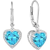 Lwsary Heart Dangle Drop Earrings 925 Sterling Silver Halo Solitaire Leverback Earrings Birthstone Jewelry for Women