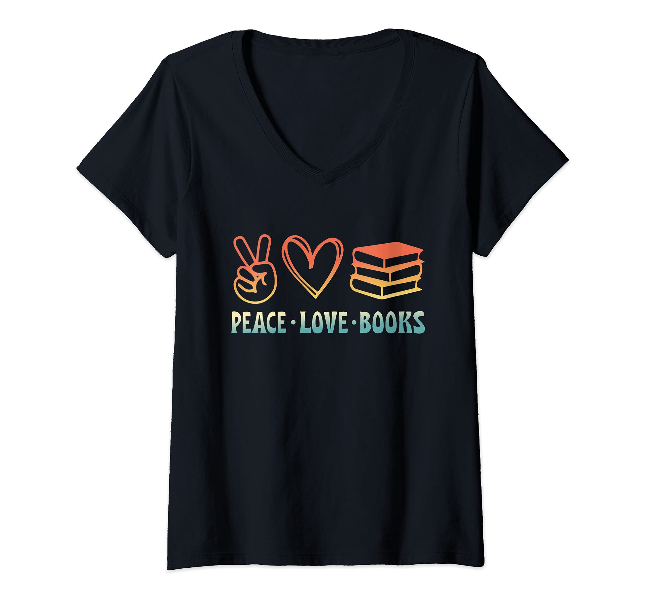 Womens Peace Love Books Symbols Reading Quote Book Lover V-Neck T-Shirt