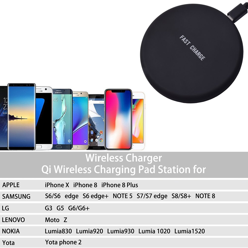 Wireless Charging, JH-LI QI Fast Wireless Charger Ultra Slim Wireless Charger Pad for Samsung Galaxy Note 8,S8, S8+ S8 Plus,S7,S7 Edge,S6 Edge/Edge Plus,Note 5,iPhone X 8 Plus 8,[Sleep-Friendly] Black