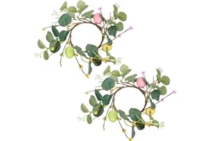 RSACCSKY 2 Pcs Easter Egg Candle Rings Wreaths Spring Egg and Berry Candle Rings Artificial Eucalyptus Candle Holder Mini Wreaths 7" for Easter Holiday Home Kitchen Table Centerpiece (Green-2pcs)