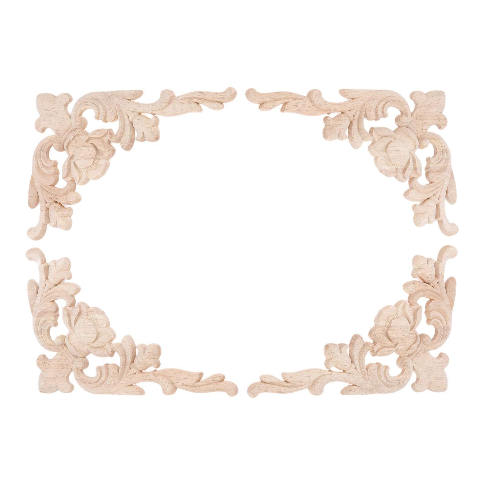 MUXSAM 4pcs Wood Carving Decal Long Wood Carved Mouldings Applique for Home Furniture,Corner Decal for Embellishments Wardrobe Wall Cabinet Door Left&Right Irregular Floral 20x14cm