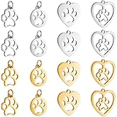 PH PandaHall 16pcs Dog Paw Print Charm Pendant Heart Stainless Steel Pendants, 4 Styles Animal Footprint Pendant Hollow Metal Charms for Necklace Jewelry Making, Gold and Stainless Steel Color