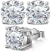 QUEENOU Moissanite Earrings Studs 1ct-3ct for Women/Men, 925 Sterling Silver with 18K White Gold Plated Hypoallergenic Flat Screw Back Birthday Gifts for Women Girlfriend Wife Engagement Jewelry