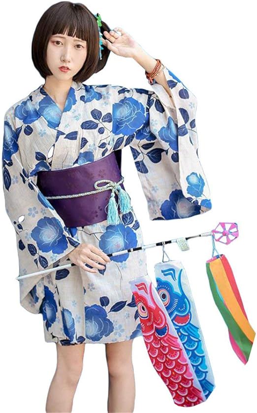 Amazon Tengda 浴衣 3点セット 平織り レディース ショート丈 花柄 プリント エスニック 夏祭り 花火大会 フリーサイズ ブルーf 浴衣 通販