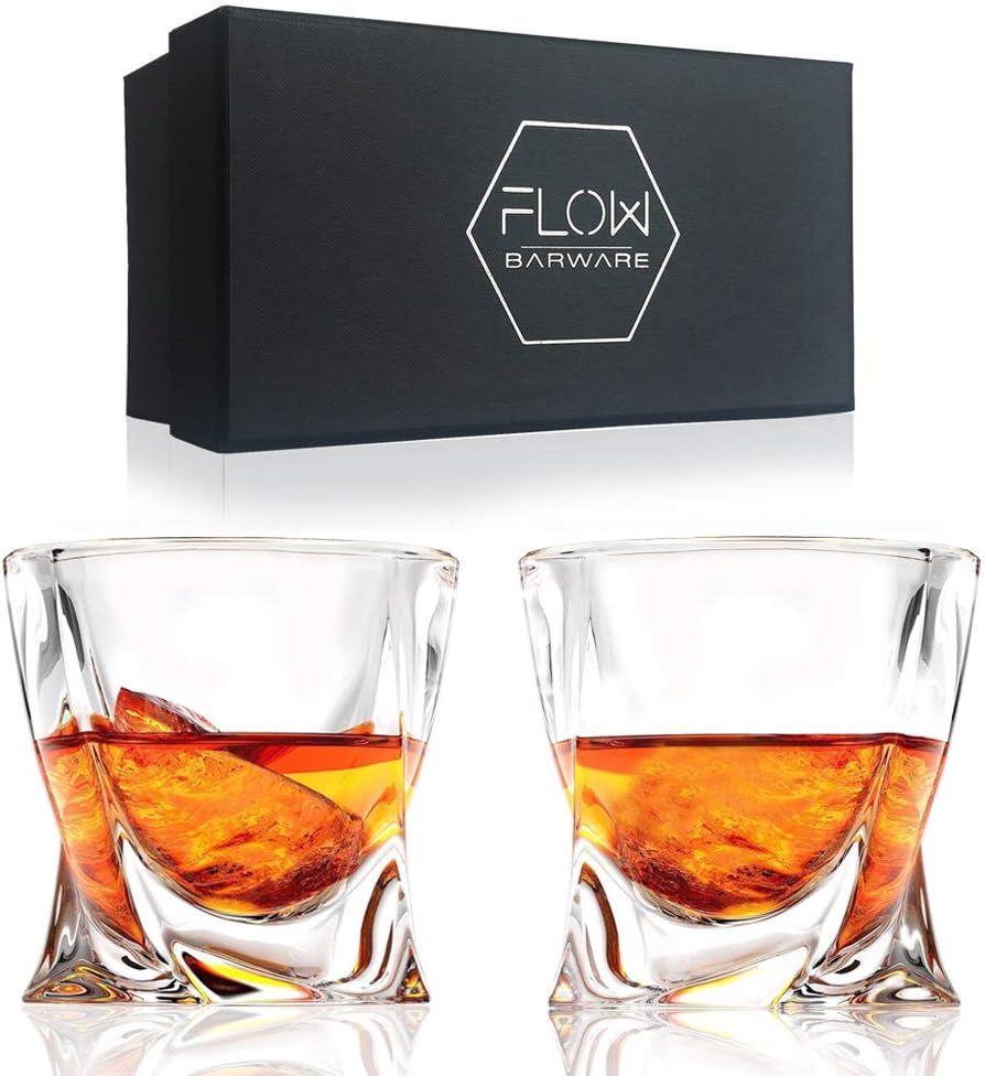 FLOW Barware Twist Whiskey Glasses Set of 2, Transparent, 2 Count (Pack of 1)