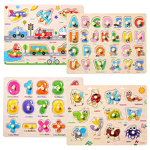 Wooden Peg Puzzles for Toddlers 2 3 4 Years Old,Toddler Puzzles Insect,Vehicles, Letters and Numbers,Educational Wood Preschool Toys for Boys and Girls,Knob Puzzles for Toddlers（4 Pack） - Thumbnail 7