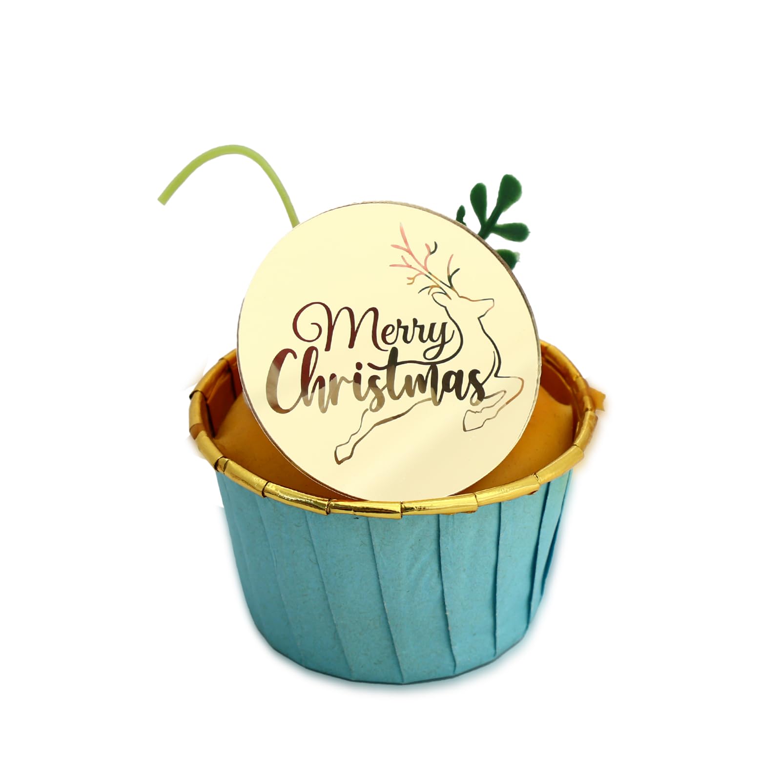 3 LITTLE DESSERTS Engraved Acrylic Cupcake Toppers - Set of 6 - Christmas Cupcake Toppers - Reusable Cupcake Discs - Christmas Cake Toppers - Christmas Party Decorations - Elk Christmas - Gold
