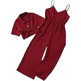 OYOANGLE Girl's 2 Piece Outfits Short Sleeve Button Down Shirt Crop Top and Wide Leg Pants Jumpsuit Set