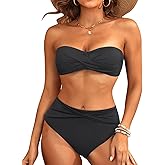 Tempt Me Women Bandeau Bikini Set Twist Strapless Two Piece Swimsuit High Cut High Waisted Bathing Suits