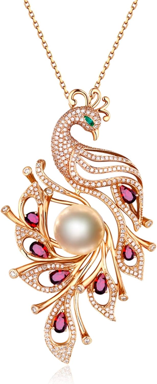 Daesar 18K Gold Necklaces Women 18ct Red Ruby Phoenix Shape with Pearl Women Necklace Diamond