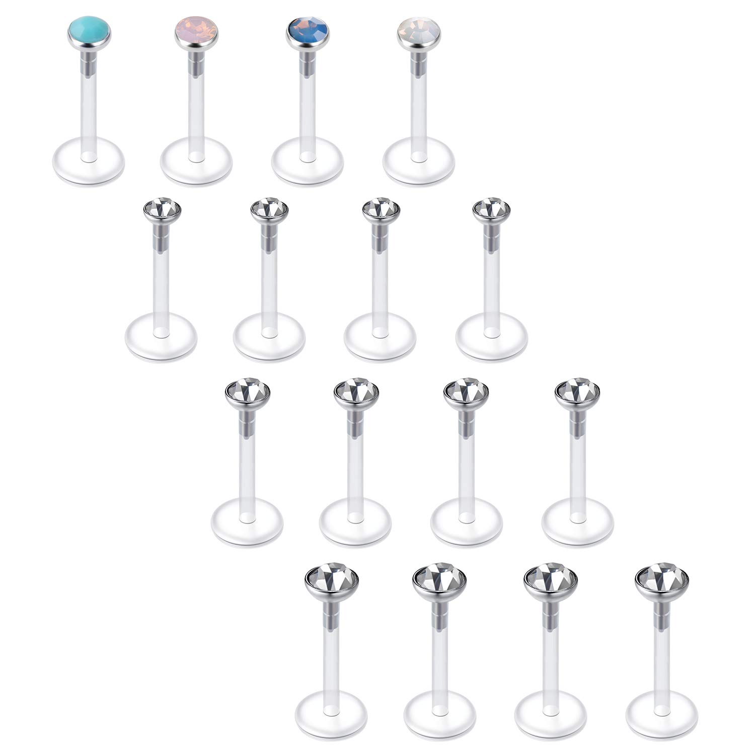 Briana Williams 16pcs Clear Lip Labret Bars Studs Retainers Bioflex 16G Medusa Crystal Opal 6/8/10mm Piercing Jewellery