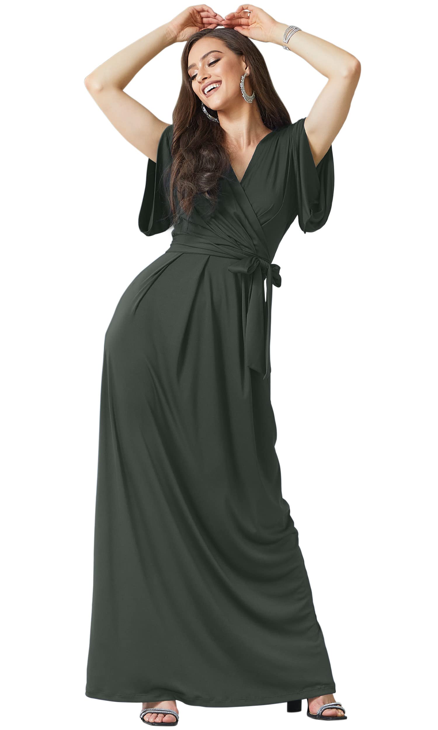 Photo 1 of KOH KOH Womens Long Formal Short Sleeve Cocktail Flowy V-Neck Casual Bridesmaid Wedding Party Guest Evening Cute Maternity Work Gown Gowns Maxi Dress Dresses, Dark Gray Grey M 8-10