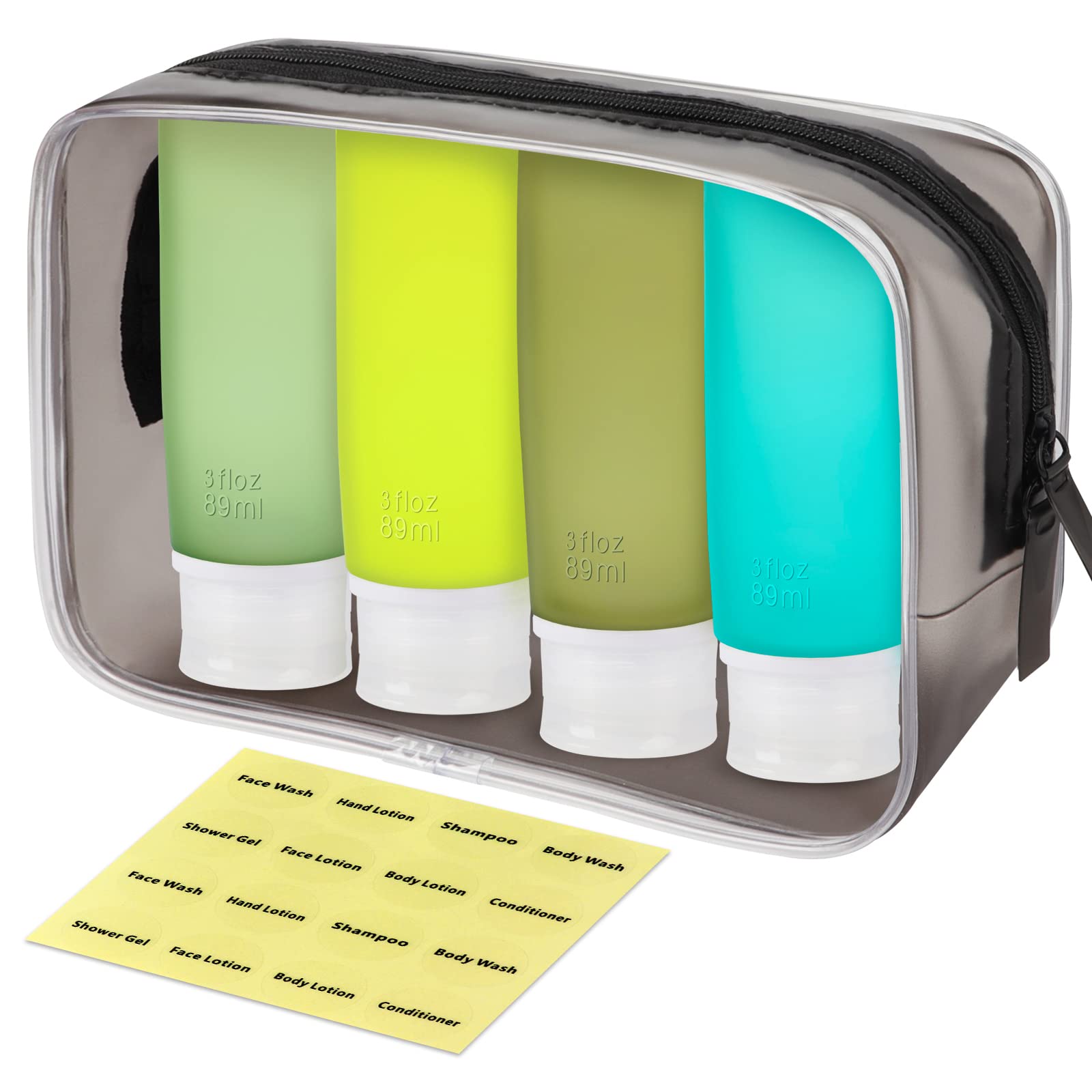 INSFIT Travel Bottles for Toiletries, 90ml Travel Containers for Toiletries Leakproof BPA Free CAA Approved Squeezable Silicone Tubes Travel Accessories with Labels Green