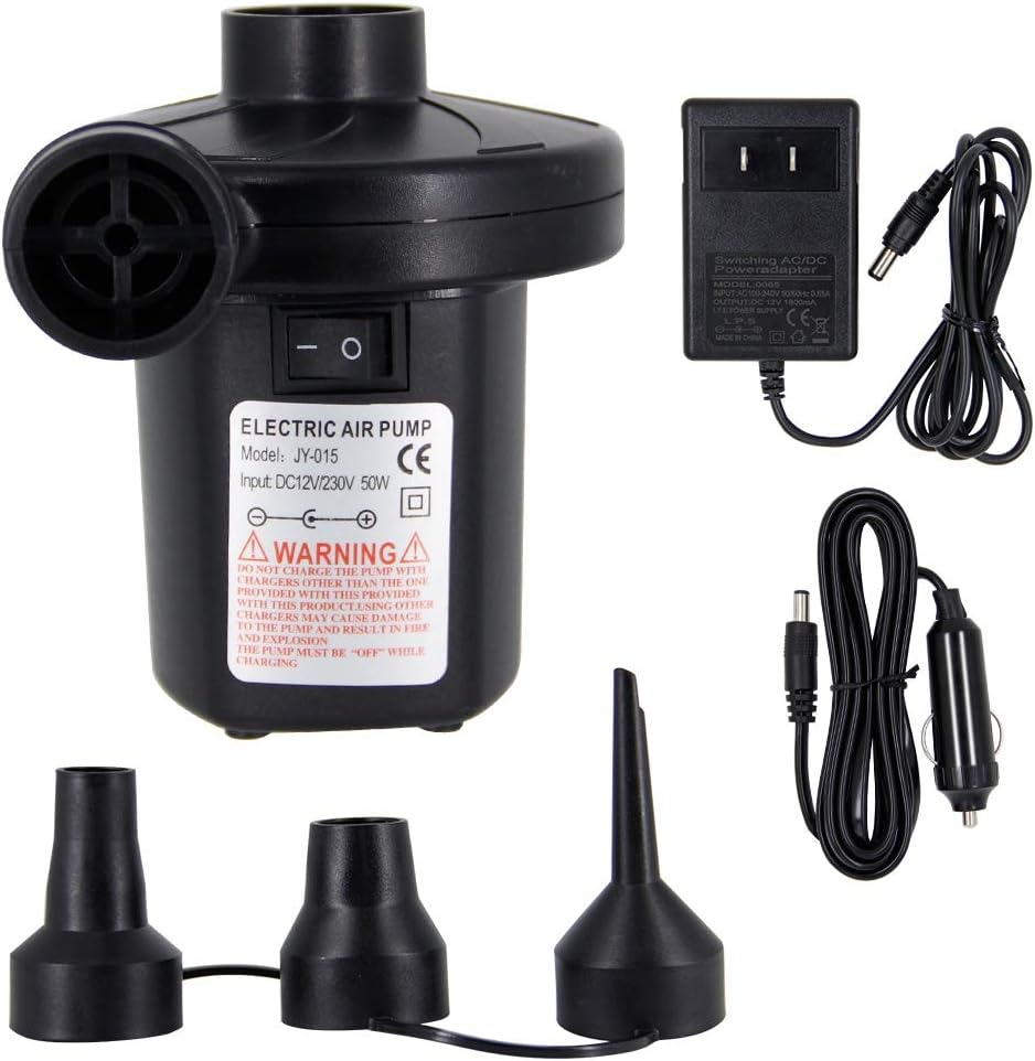 Zcaukya Electric Air Pump, Portable Inflate and Deflate Air Pump with 3 Nozzles, AC 110V / DC 12V Electric Pool Float Pump, Air Mattress Pump with Car Adapter for Camping Outdoor Pool Party, 50W: Sports & Outdoors