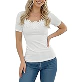 winkbay Women's 3D Floral Ruched Tops Elegant Scoop Neck Short Sleeve Dressy Casual T Shirts