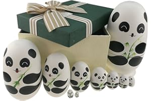 Apol Cute Panda with Bamboo Egg Shape Handmade Wooden Russian Nesting Dolls Matryoshka Doll Set 10 Pieces in a Box with Bow for Home Decoration Kids Toy Christmas Birthday Easter Gift